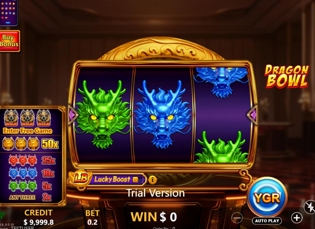Dragon Bowl slot base game 3x3 reel grid with green dragon symbols.