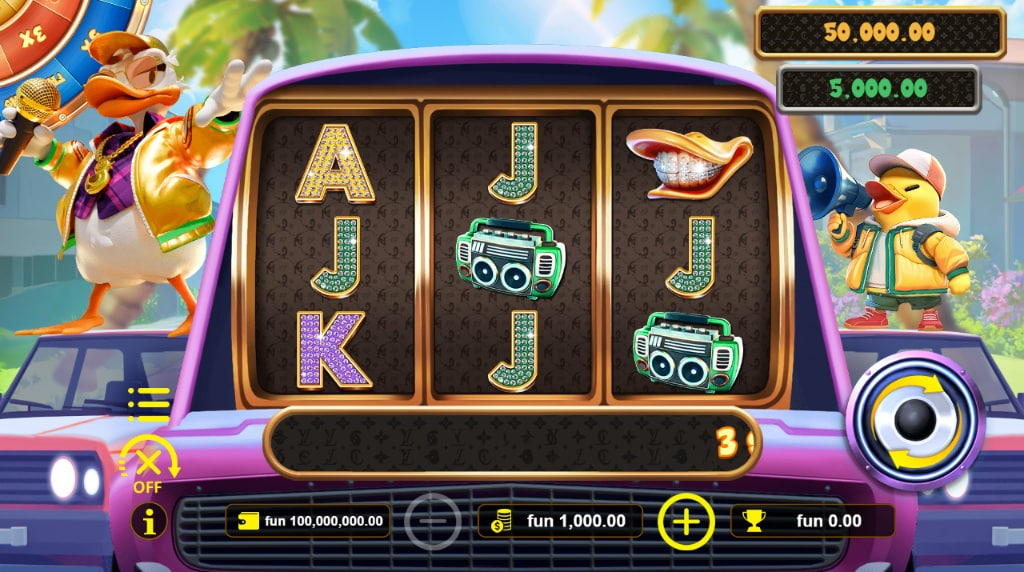 Ducky Spin slot base game featuring a 3x3 grid inside a purple car with hip-hop duck characters.