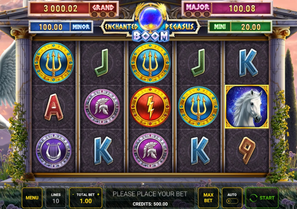 Enchanted Pegasus Boom slot base game reels showing 5x3 grid with Pegasus wild symbols and Greek mythology theme.
