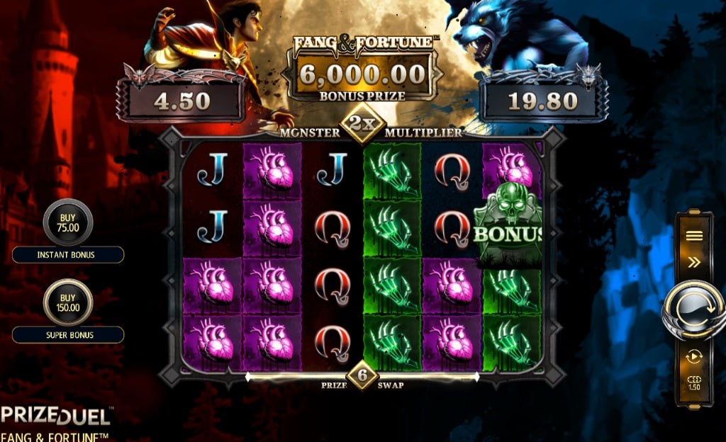 Fang & Fortune slot base game 6x4 grid with vampire and werewolf symbols.