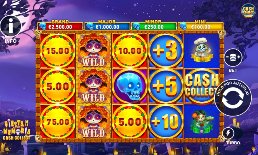 Fiesta de la Memoria Cash Collect slot base game interface showing 5x3 grid, Day of the Dead symbols, and UI controls.