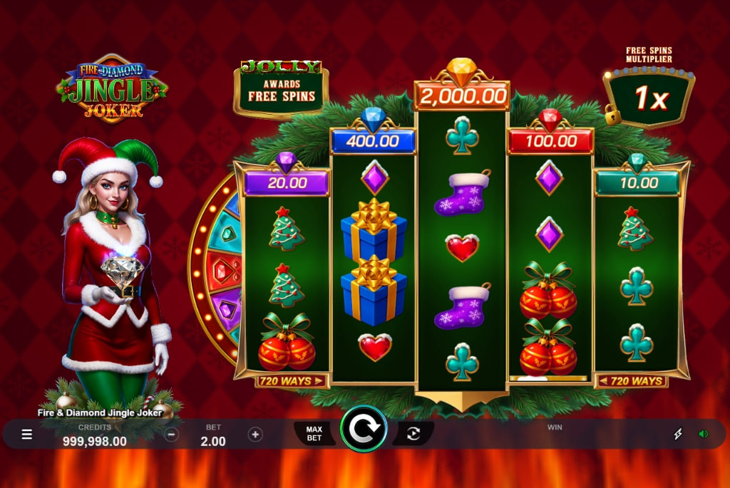 Fire & Diamond Jingle Joker slot base game interface showing the diamond-shaped 3-4-5-4-3 grid and Jingle Joker character.