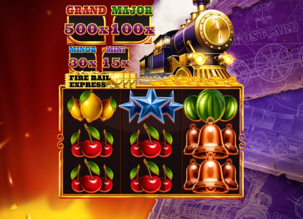 Fire Rail Express slot base game interface showing 3x3 grid, fruit symbols, and collecting train on the middle reel.