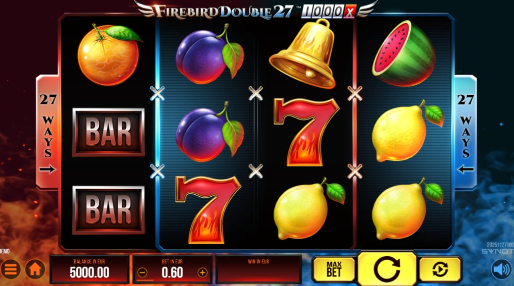 irebird Double 27 1000 4-reel slot grid showing fruit symbols and 27 ways indicators.