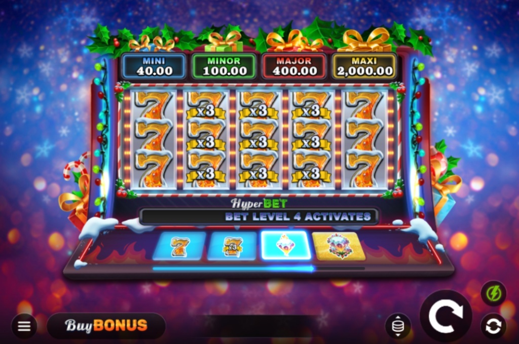 Firedream Xmas Hold and Win slot base game interface showing 5x3 reels with holiday symbols and HyperBet selector.