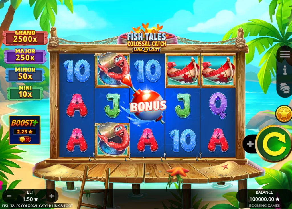 Fish Tales Colossal Catch slot base game interface with 5x3 reels and tropical background.