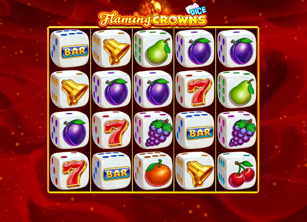 Flaming Crowns Dice slot base game interface showing 5x4 grid with fruit dice symbols and black background.