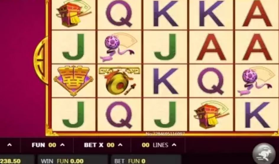 Flirting Scholar Tang II slot base game interface showing 5 reels, 3 rows, and sedan chair symbols on a pink background.