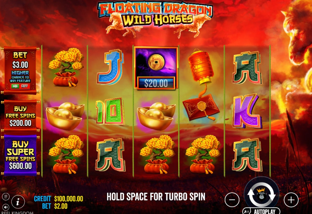 Base game reels of Floating Dragon Wild Horses slot by Pragmatic Play showing 5x3 grid, Asian themed symbols like Bonsai trees and red envelopes, and 10 paylines interface.