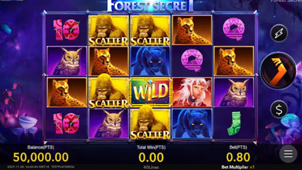 Forest Secret slot base game interface showing 5x4 grid, 40 paylines, and jungle background by Nextspin.