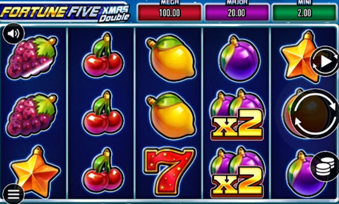 Base game grid of Fortune Five Xmas Double slot showing 5 reels and fruit symbols with snow effects.