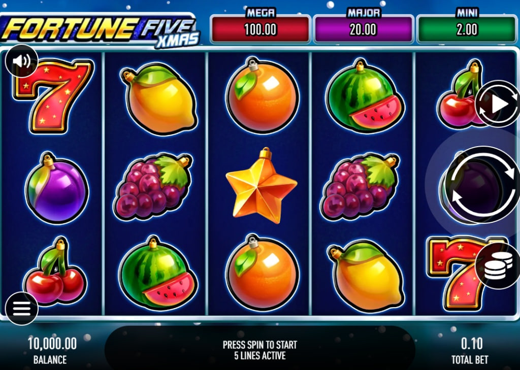 Base game grid of Fortune Five Xmas Double slot showing 5 reels and fruit symbols with snow effects.