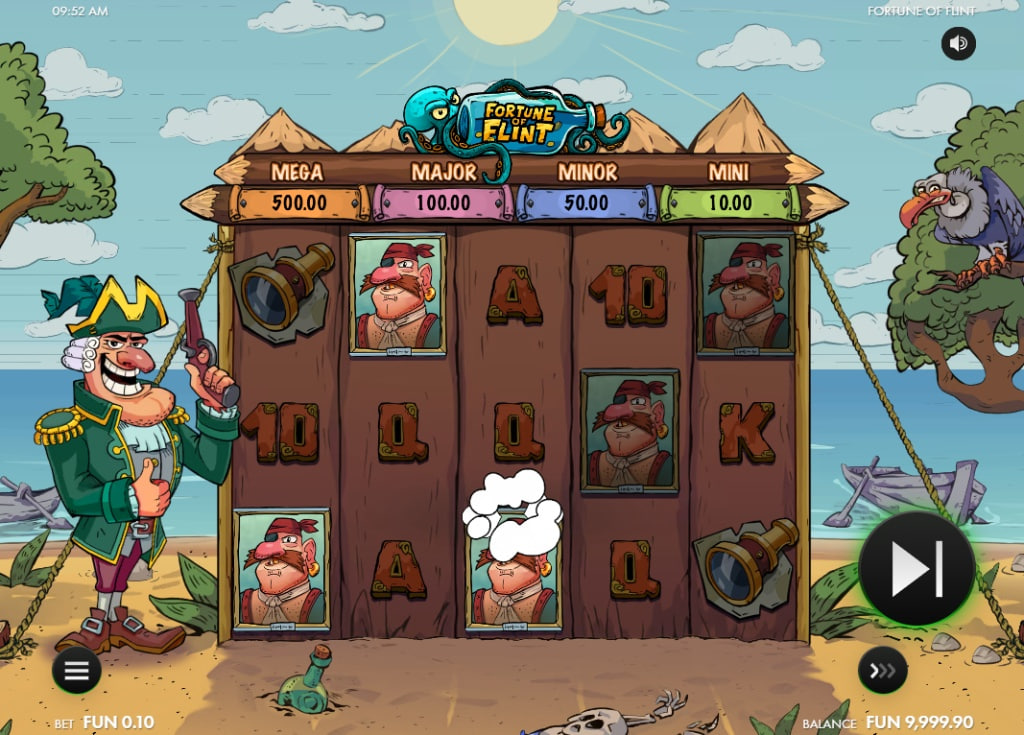 Fortune of Flint slot base game interface showing 5x4 pirate themed grid and 50 paylines.