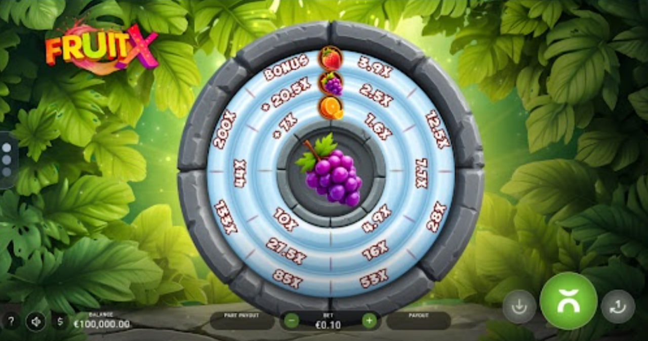 Fruit X slot base game interface showing yellow purple and red progress rings with central fruit symbol
