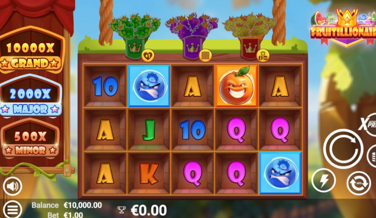 Fruitillionaire slot base game view showing 3x5 grid and fruit symbols.