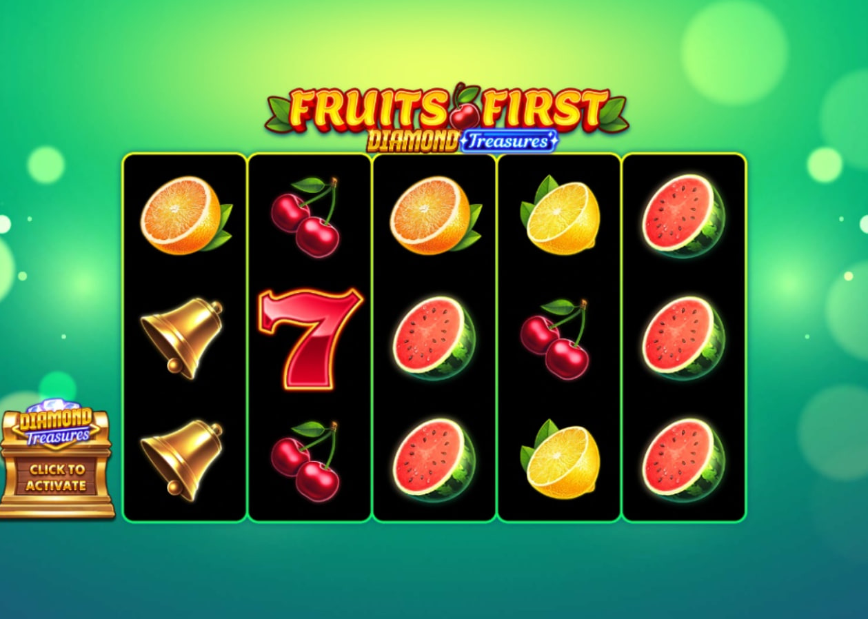 Fruits First Diamond Treasures slot base game interface showing 5 reels, 3 rows, fruit symbols, and the golden chest on the left.
