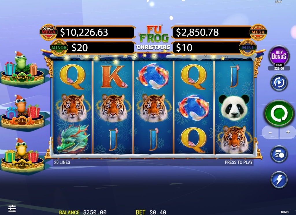 Base game interface of Fu Frog Christmas slot by Zitro showing the 5x3 reel set, Tiger and Panda symbols, and the three festive frogs above the grid.