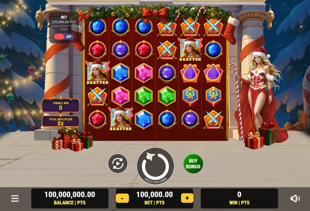 Gates of Christmas slot base game interface by Expanse Studios showing 6x5 grid and snow-covered pillars.
