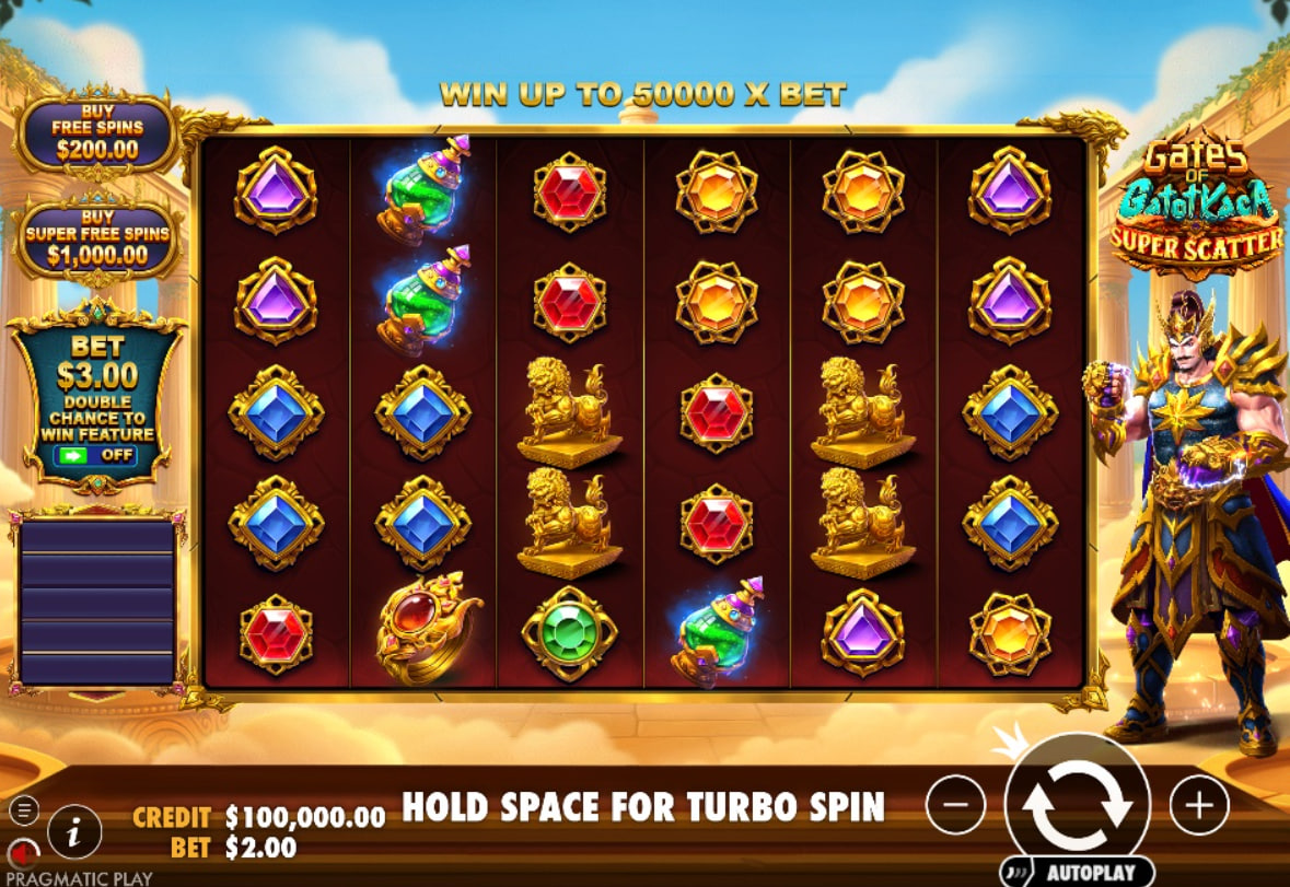 Gates of Gatot Kaca Super Scatter slot base game interface showing 6x5 grid and Gatotkaca character.