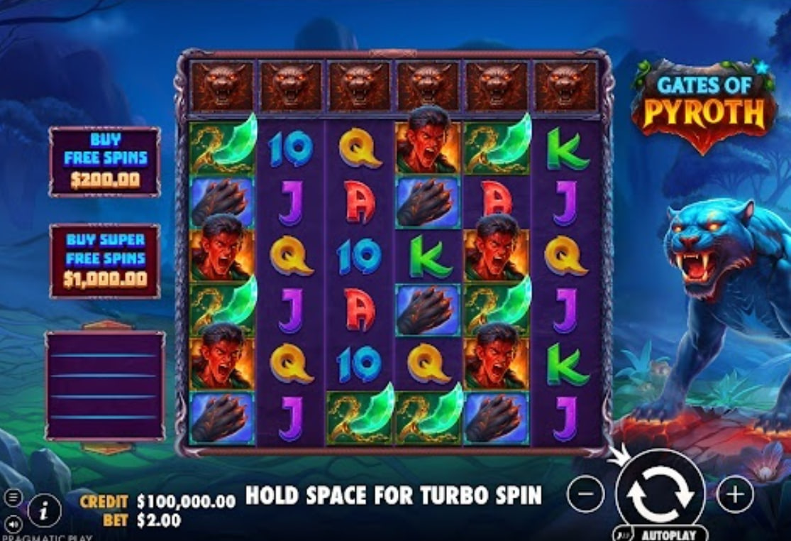 Gates of Pyroth slot base game interface showing 6x6 grid, buy bonus buttons, and high-paying character symbols.