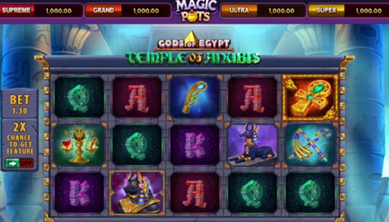 Gods of Egypt Temple of Anubis slot base game interface showing 5x3 grid and Anubis theme.