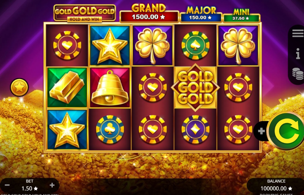 Base game interface of Gold Gold Gold Hold and Win slot by Booming Games showing 5x3 gold themed grid.