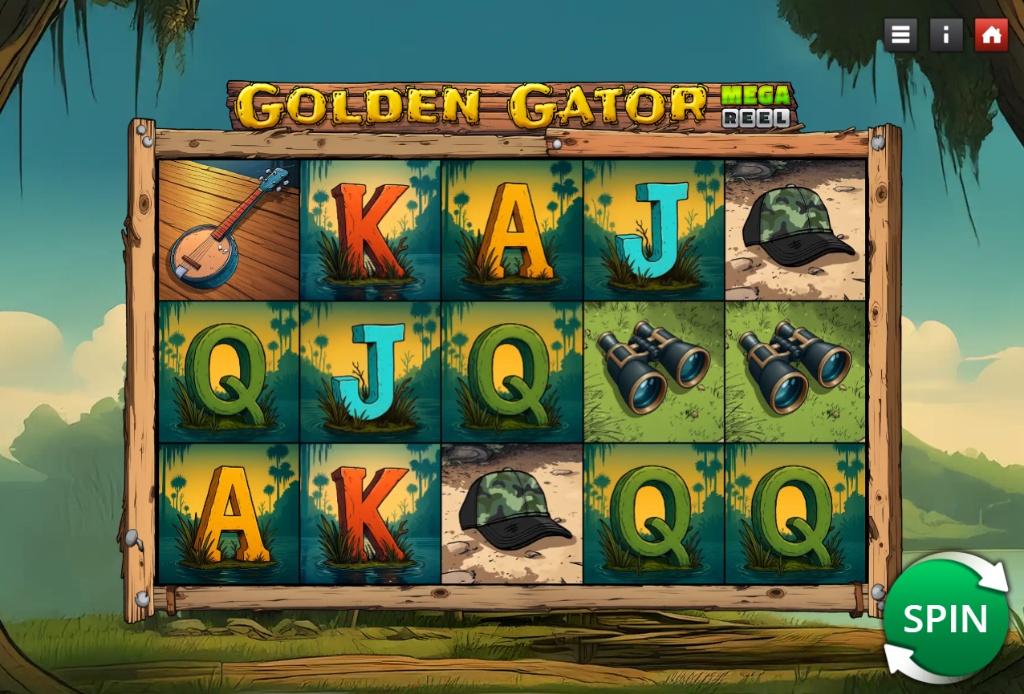 Golden Gator slot base game interface showing 5x3 reels with banjo and camo hat symbols in a swamp setting.