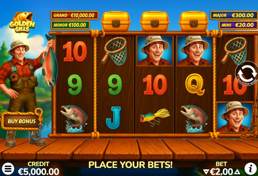 Golden Gills slot base game interface showing 5x3 grid with fisherman and bobber symbols by Atomic Slot Lab.