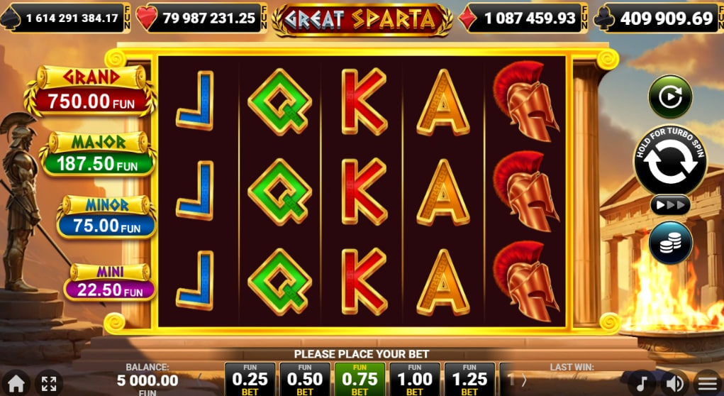Great Sparta slot base game interface showing 5x3 reels with Spartan warrior and weapon symbols.
