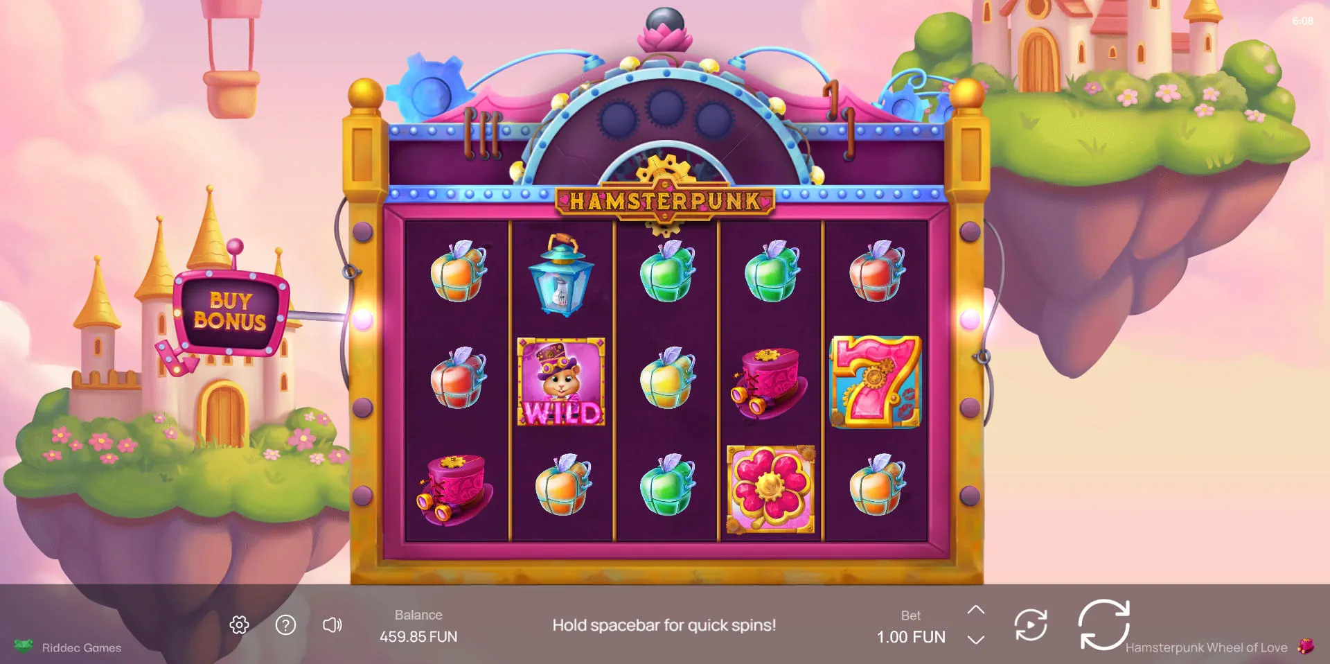 Base game grid of Hamsterpunk X-Mas Wheel showing the 5x3 layout, Hamster Wilds, and the 75x Bonus Buy button on the left side of the screen.
