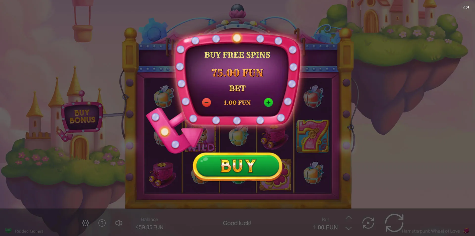 Bonus Buy confirmation screen in Hamsterpunk X-Mas Wheel showing a cost of 75x the total bet to instantly trigger the Free Spins round.