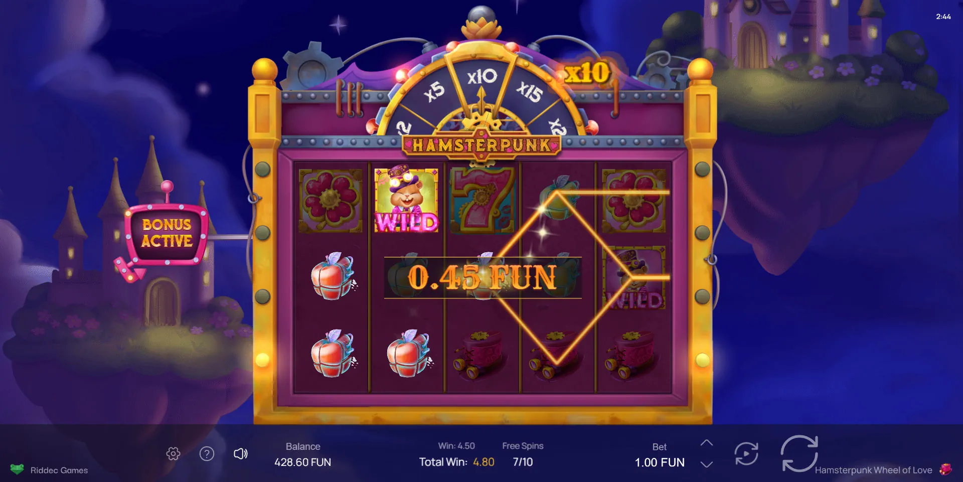 Free Spins bonus round in Hamsterpunk X-Mas Wheel with the active multiplier wheel landing on a x10 multiplier above the reels.