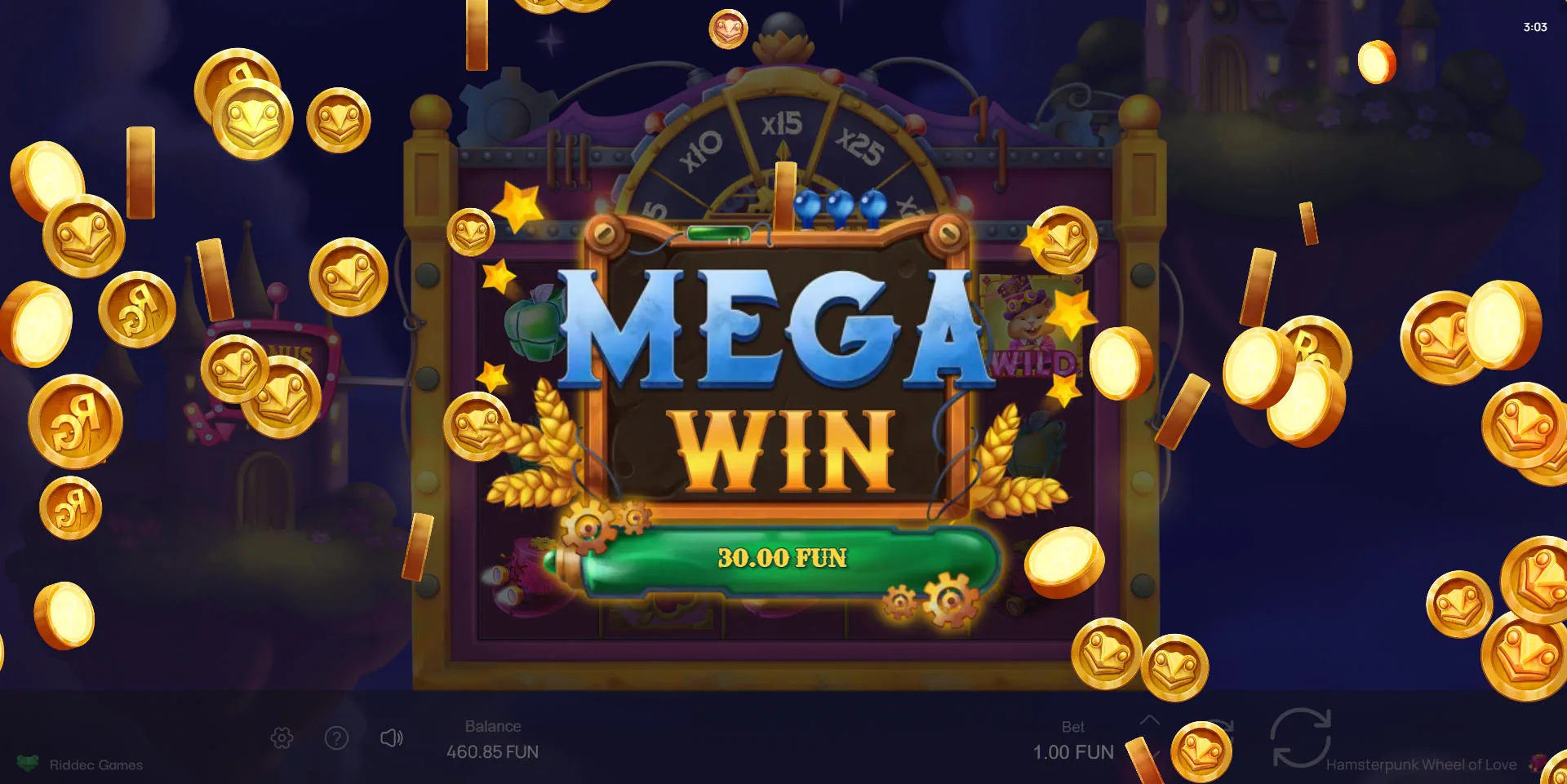 Mega Win celebration screen in Hamsterpunk X-Mas Wheel showing gold coins flying across the screen after a successful multiplier hit.