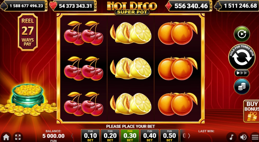 Hot Deco Super Pot slot base game interface showing 3 reels and pot symbol.
