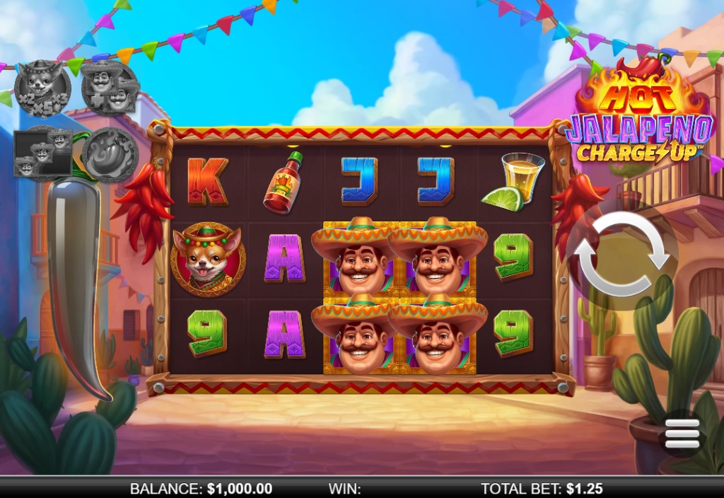 Hot Jalapeno Charge Up slot base game interface by ReelPlay showing the 5x3 grid and Charge Up Meter.