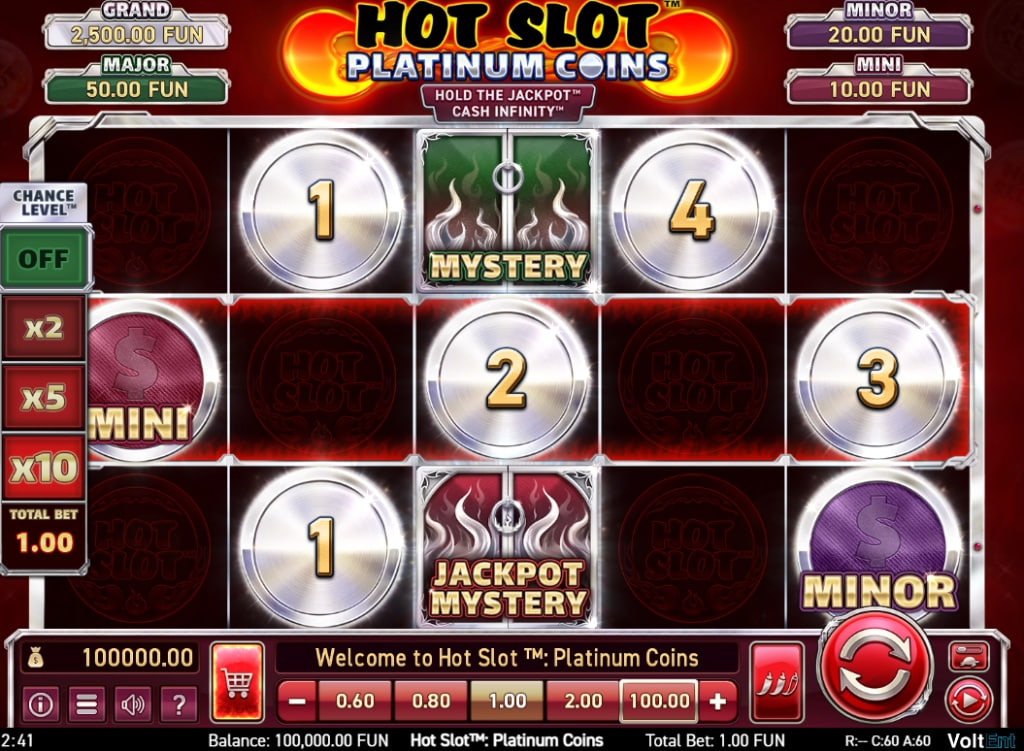 Hot Slot Platinum Coins slot base game interface showing 5 reels and silver coin symbols on a red background.