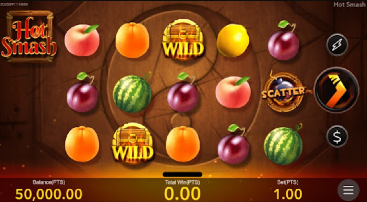 Hot Smash slot base game interface showing 5x3 wooden grid with 3D fruit symbols and fire effects.