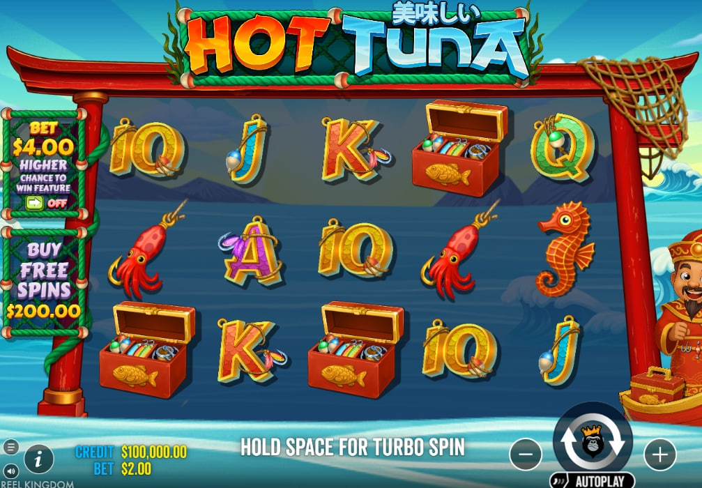 Hot Tuna slot base game grid with ocean background and sushi symbols.
