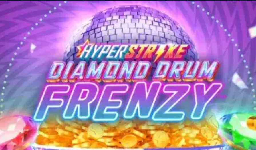 Hyper Strike Diamond Drum Frenzy slot base game 5x3 grid with neon retro symbols and jackpot ladder.