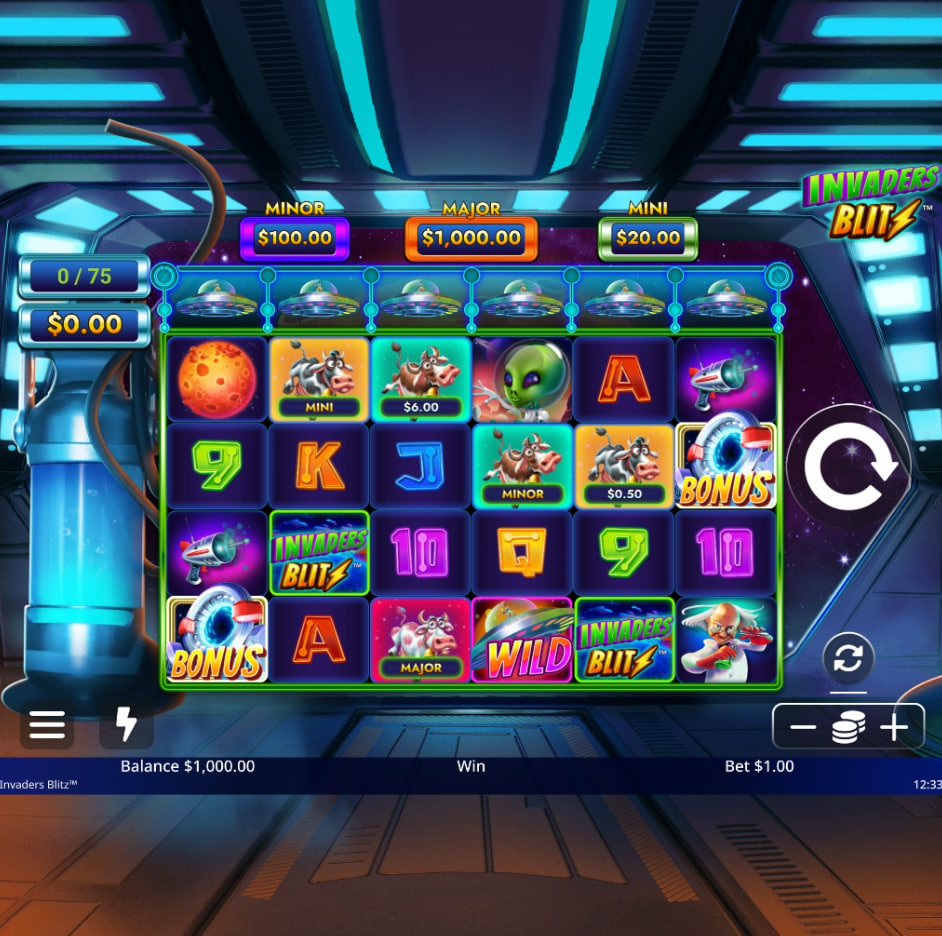 Invaders Blitz slot base game showing 6x4 grid with aliens and farm symbols by Light & Wonder