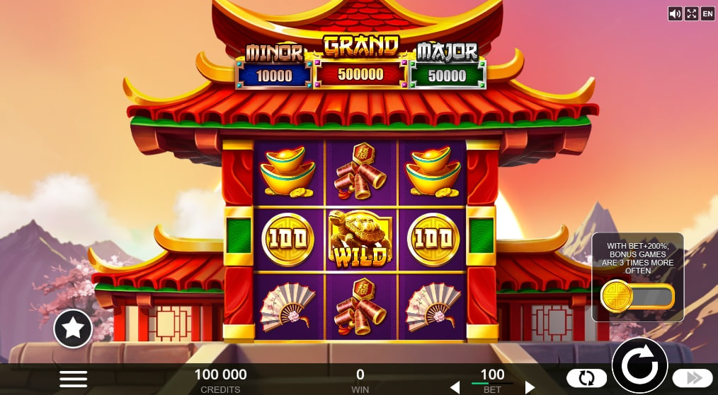 ackpot Pagoda slot base game interface featuring a 3x3 grid with Turtle Wilds and Gold Sycee symbols set against a misty mountain background.