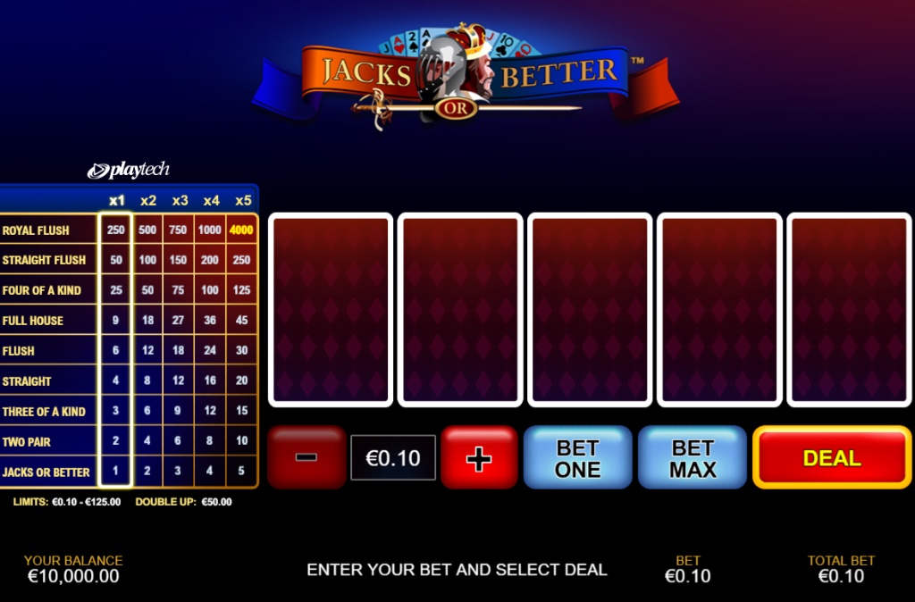 Playtech Jacks or Better video poker main interface showing 5 cards dealt and paytable on the left.