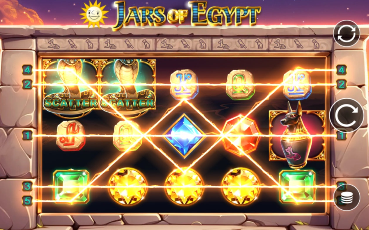 Jars of Egypt slot base game interface showing 5x3 grid and ancient Egypt symbols.