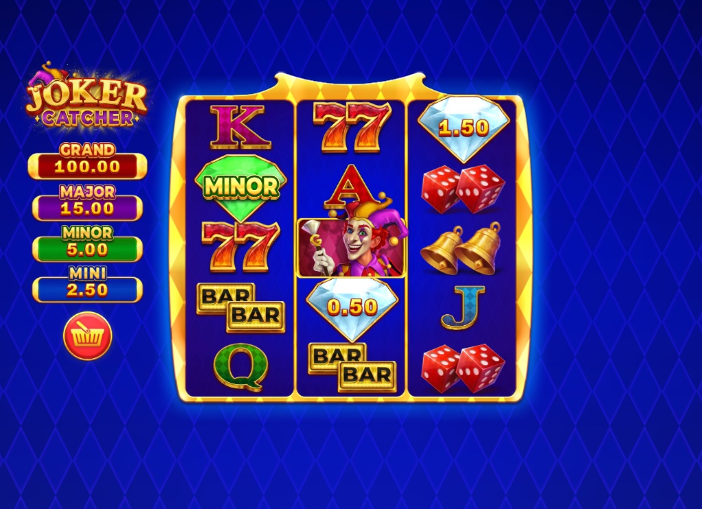 Joker Catcher slot base game interface showing 5 reels, Catch Frames, and the locked Joker wild.