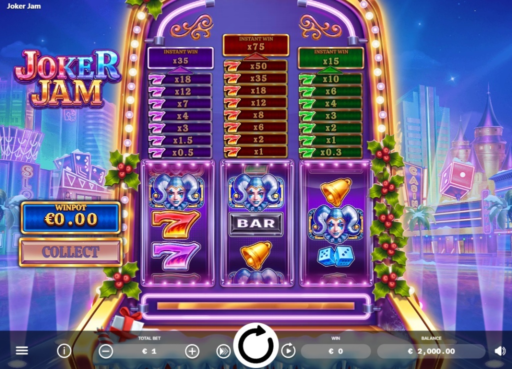 Main interface of Joker Jam slot by ElaGames showing 3 reels, neon city background, and Instant Win towers above the grid with 7s symbols.