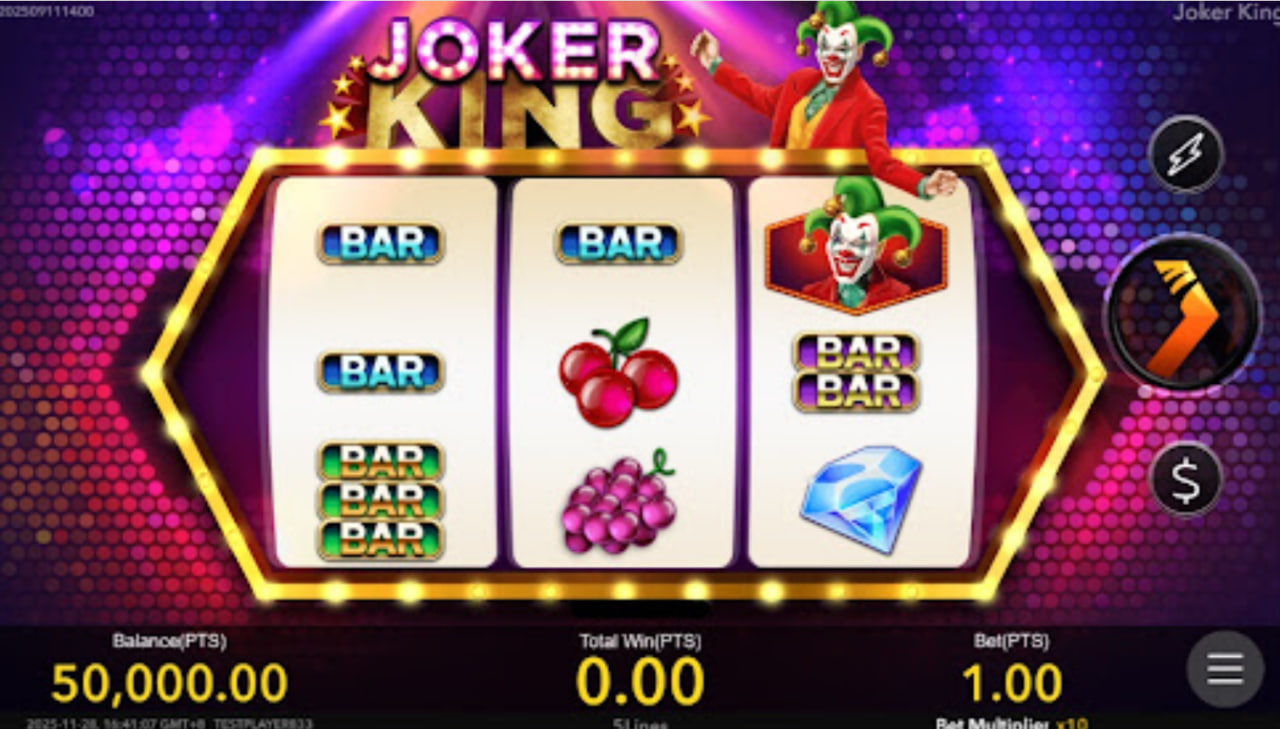Main game screen of Joker King slot by Nextspin featuring a 3x3 neon grid and disco background.