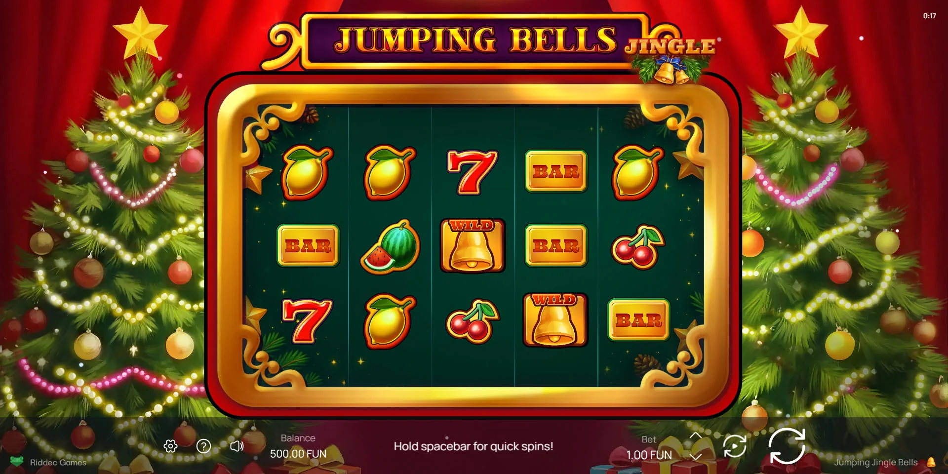 The 5x3 base game grid of Jumping Jingle Bells featuring classic fruit symbols, red 7s, and BARs against a dark green Christmas background.