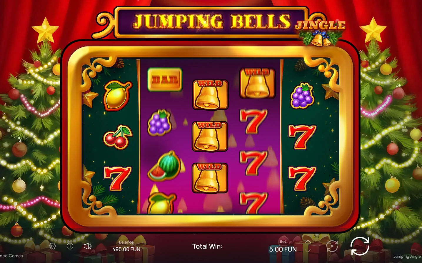 A single expanded golden bell wild symbol covering the middle reel in Jumping Jingle Bells, triggering the first stage of the respin feature.