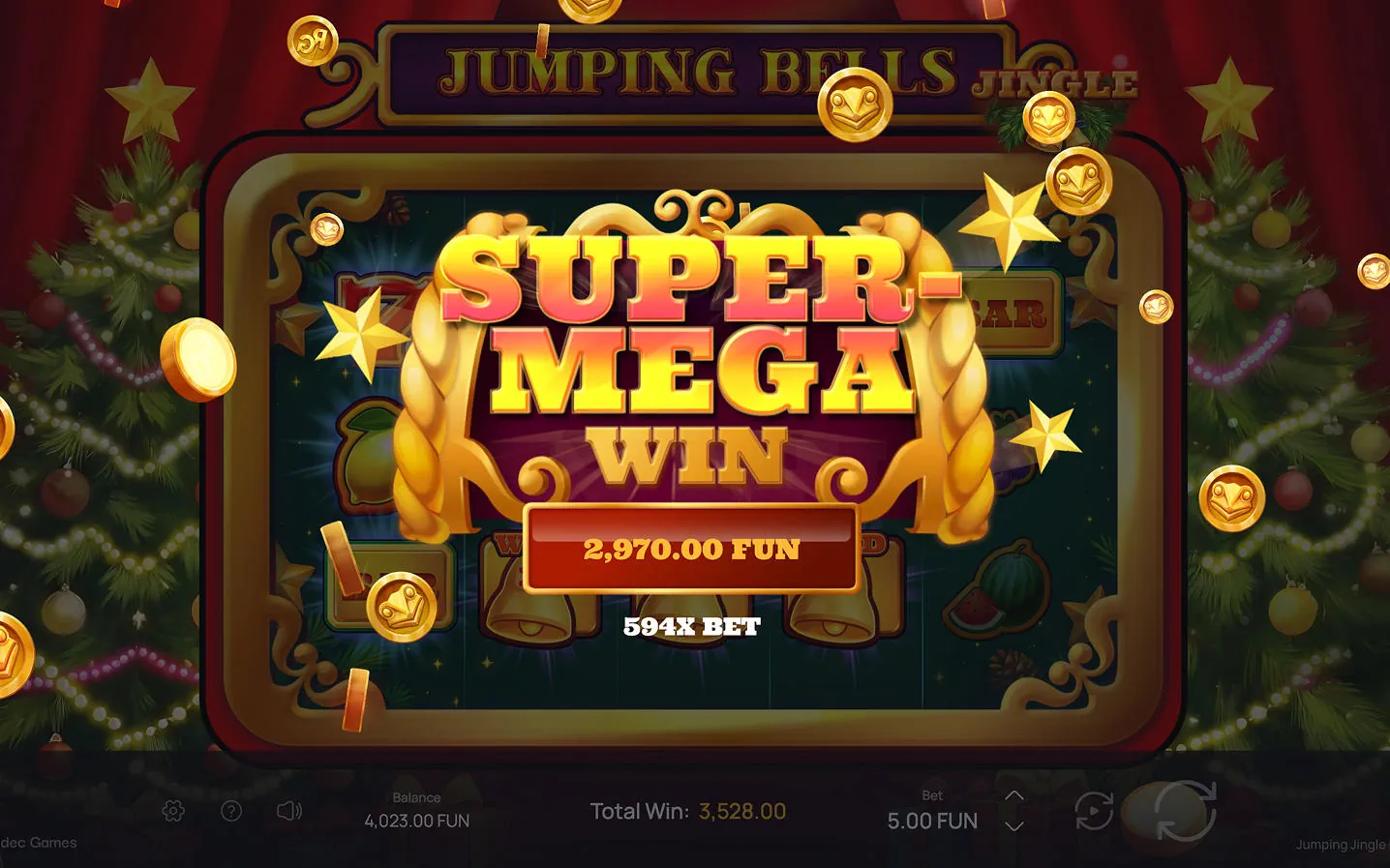 A Super Mega Win screen in Jumping Jingle Bells showing a massive payout and gold coins featuring the Riddec Games frog logo.