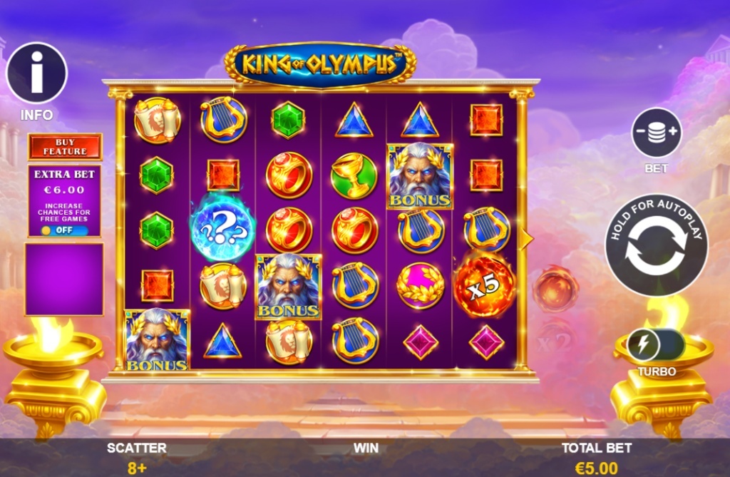 King of Olympus slot base game interface showing 6x5 grid and betting options.